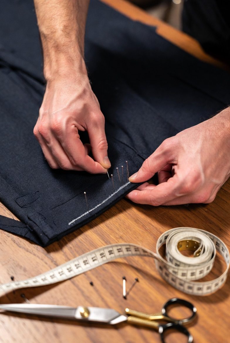 A tailor pinning and chalking a trouser hem by hand